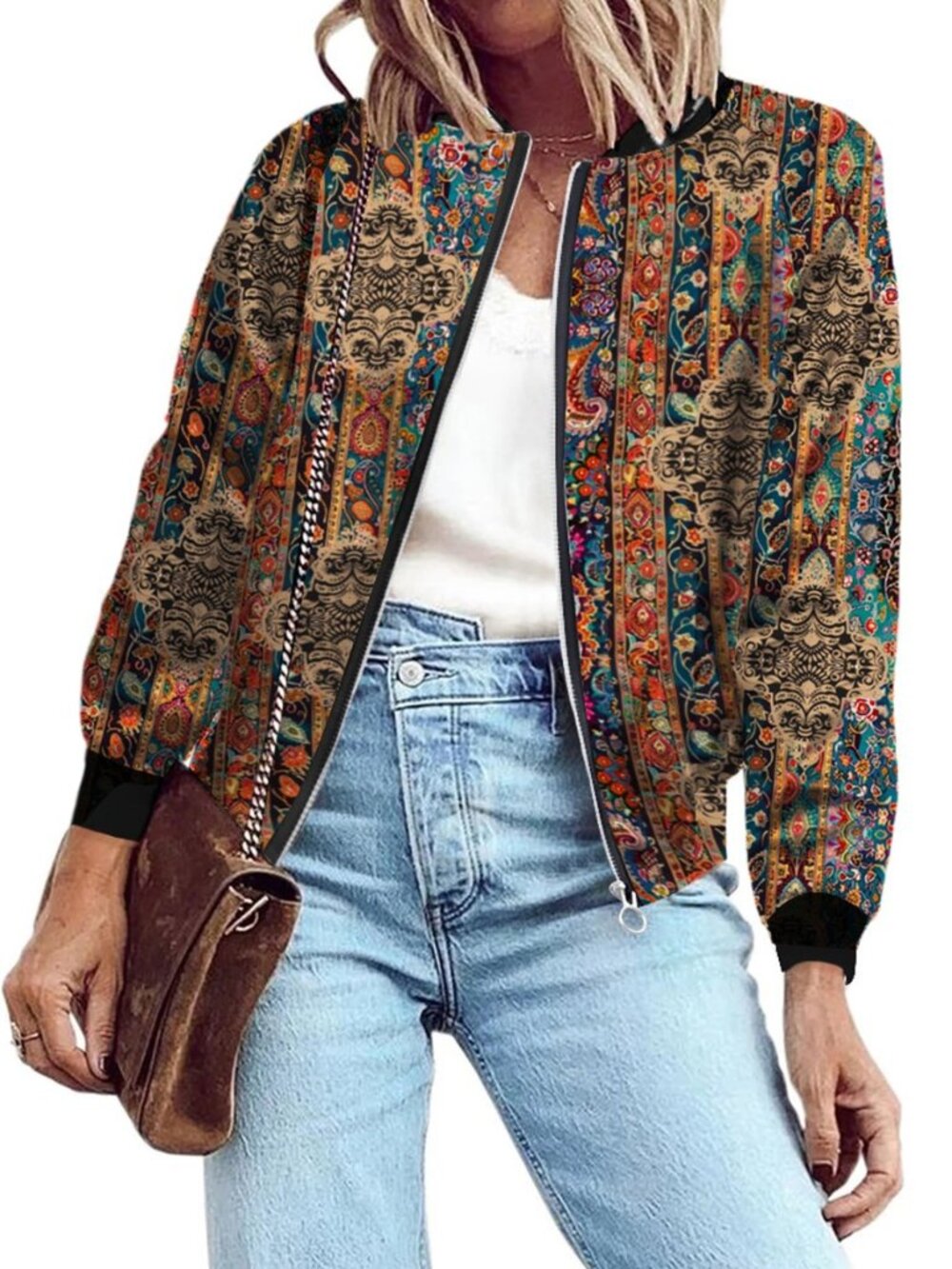 Women's Bomber Jacket Lightweight Zip Up Jacket Casual Striped Jacket Coat